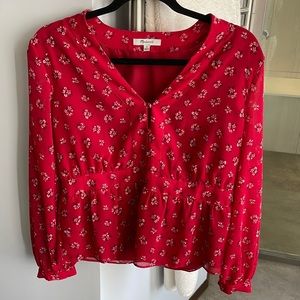 Madewell v-neck peplum top, red floral long sleeve